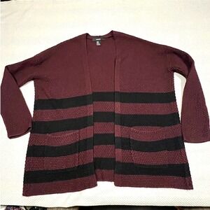 Forever 21 Women's Medium Open Front Burgundy Black Stripe Sweater Cardigan